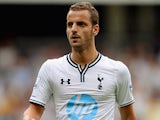 Spur's Roberto Soldado in action during a friendly match against Espanyol on August 10, 2013