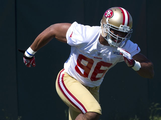 Corey Lemonier of the San Francisco 49ers participates in individual drills during the San Francisco 49ers rookie minicamp at their training facility on May 10, 2013 