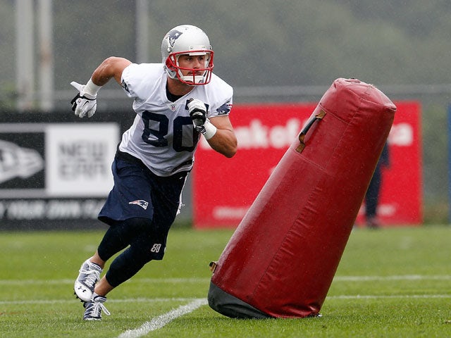 Danny Amendola #80 completes a drill during the first day of New England Patriots Training Camp at Gillette Stadium on July 26, 2013
