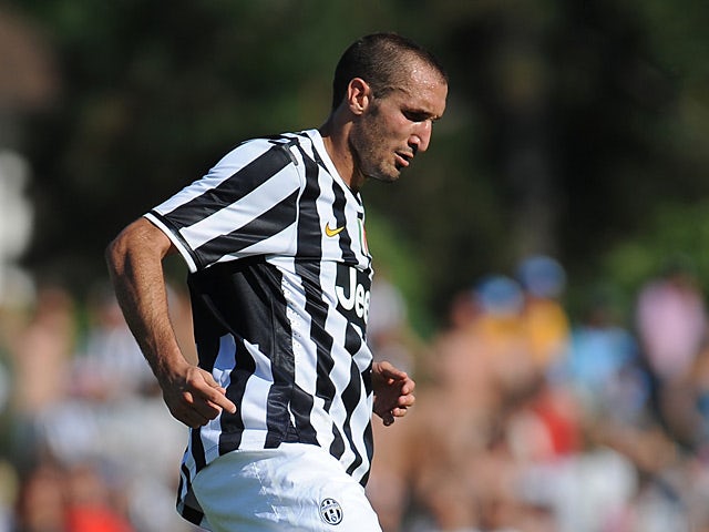 Juventus' Giorgio Chiellini in action against Juventus B during a friendly match on August 11, 2013