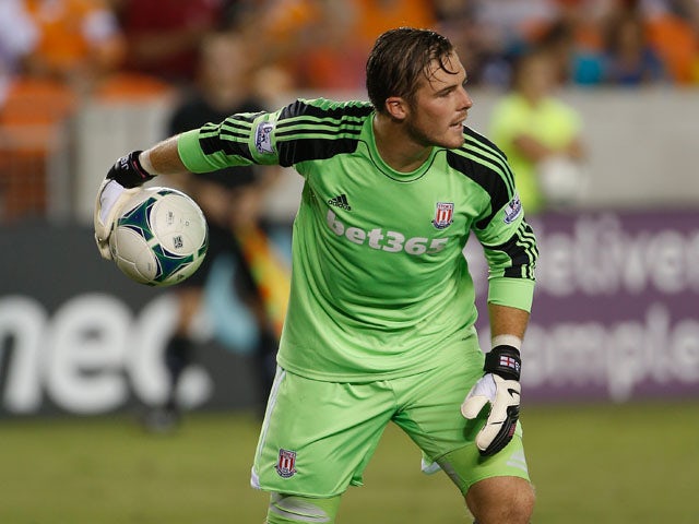 Jack Butland of Stoke City is seen in goal against the Houston Dynamo during the Dynamo Charities Cup at BBVA Compass Stadium on July 24, 2013