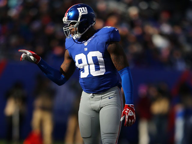 Jason Pierre-Paul #90 of the New York Giants in action during their game against the Philadelphia Eagles at MetLife Stadium on December 30, 2012 