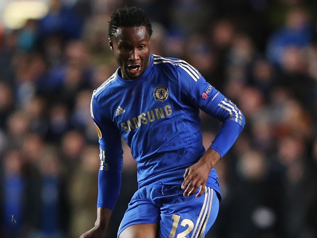 John Obi Mikel of Chelsea in action during the UEFA Europa League Round of 32 second leg match between Chelsea and Sparta Praha at Stamford Bridge on February 21, 2013
