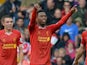 Liverpool's English forward Daniel Sturridge celebrates after scoring his team's first goal during the season's opening English Premier League football match between Liverpool and Stoke City on August 17, 2013