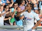 Marseille's French forward Dimitri Payet celebrates after scoring his team's second goal during the French L1 football match between Olympique of Marseille and Evian at the Velodrome stadium in Marseille, on August 17, 2013