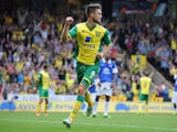 Ricky van Wolfswinkel of Norwich City celebrates after scoring their second goal during the Barclays Premier League match between Norwich City and Everton at Carrow Road on August 17, 2013