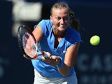 Petra Kvitova hits a return against Sorana Cirstea during the Rogers Cup on August 9, 2013