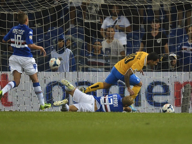 Juventus' Carlos Tevez wheels away having scored against Sampdoria on August 24, 2013