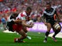 Wigan's Iain Thornley scores the first try of the Challenge Cup final against Hull FC on August 24, 2013
