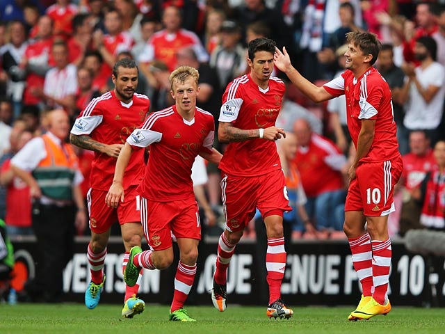 Southampton's Jose Fonte is congratulated by team mates after scoring the equaliser against Sunderland on August 24, 2013