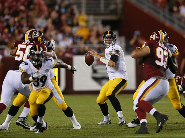 Quarterback Landry Jones #3 of the Pittsburgh Steelers drops back to pass against the Washington Redskins during the second half of a preseason game at FedExField on August 19, 2013