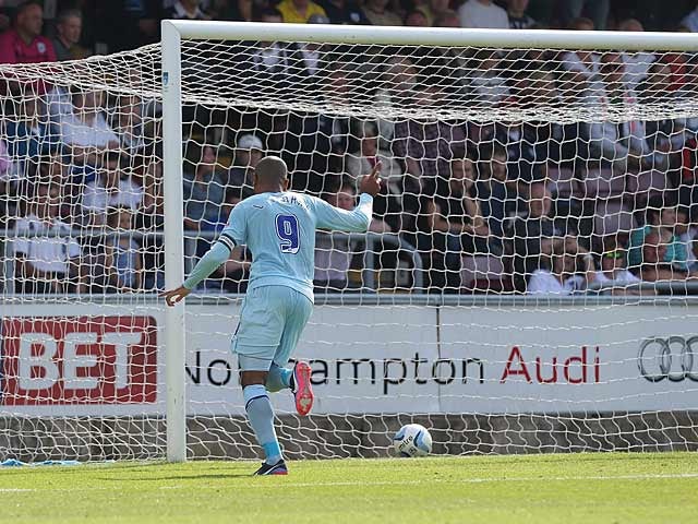 Coventry's Leon Clarke celebrates after scoring the equaliser against Preston on August 25, 2013