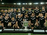 New Zealand celebrate winning the Bledisloe Cup following a win over Australia on August 24, 2013