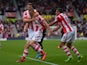 Stoke's Ryan Shawcross is congratulated by team mates after scoring his team's second goal against Crystal Palace on August 24, 2013