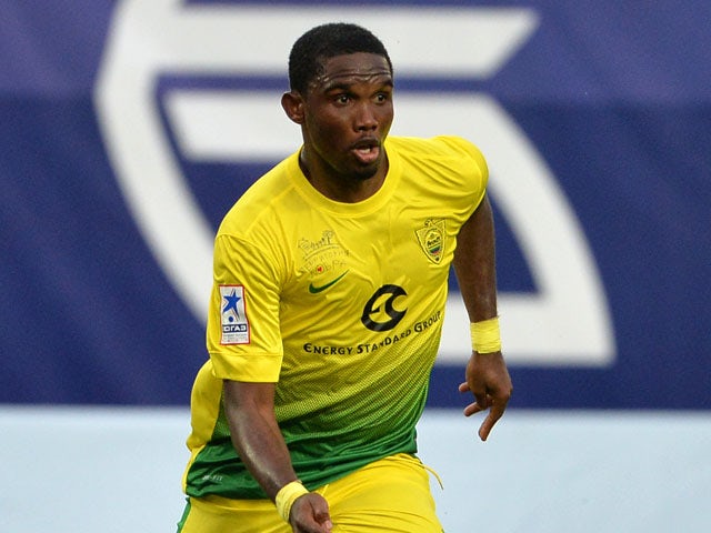 Samuel Eto'o of FC Anzhi Makhachkala in action during the Russian Premier League match between FC Dinamo Moscow and FC Anzhi Makhachkala at the Arena Khimki Stadium on July 19, 2013