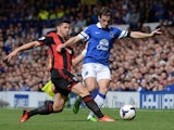 West Brom's Shane Long and Everton's Leighton Baines battle for the ball on August 24, 2013