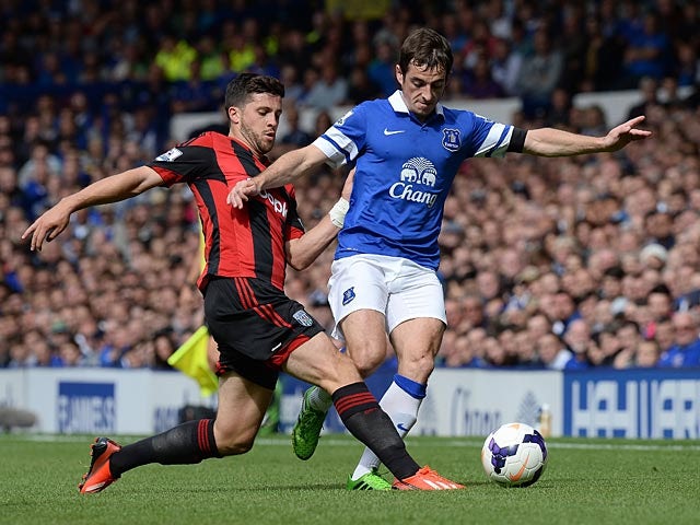 West Brom's Shane Long and Everton's Leighton Baines battle for the ball on August 24, 2013