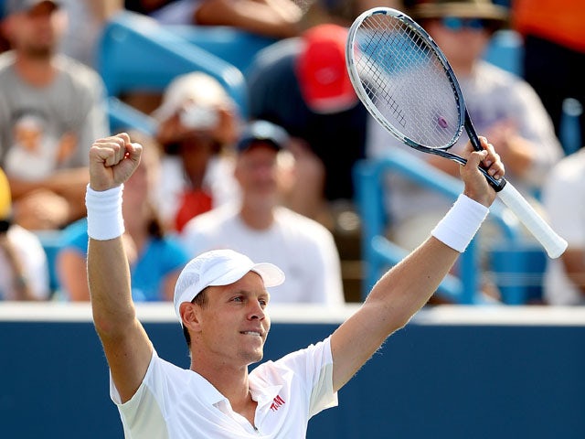 Tomas Berdych of Czech Republic celebrates match point against Andy Murray of Great Britain during the Western & Southern Open on August 16, 2013