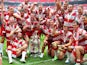 Wigan Warriors players celebrate following their Challenge Cup win over Hull FC on August 24, 2013