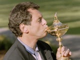 European captain Bernard Gallacher kisses the Ryder Cup following victory on September 24, 1995