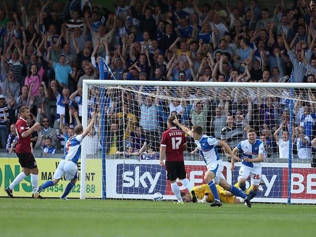 Tom Lockyer of Bristol Rovers celebrates after scoring his sides 1st goal during the Sky Bet League Two match between Bristol Rovers and Northampton Town at Memorial Stadium on August 31, 2013