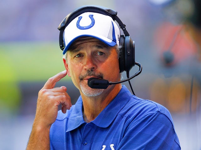 Chuck Pagano head coach of the Indianapolis Colts seen on the sidelines against the Buffalo Bills at Lucas Oil Stadium on August 11, 2013