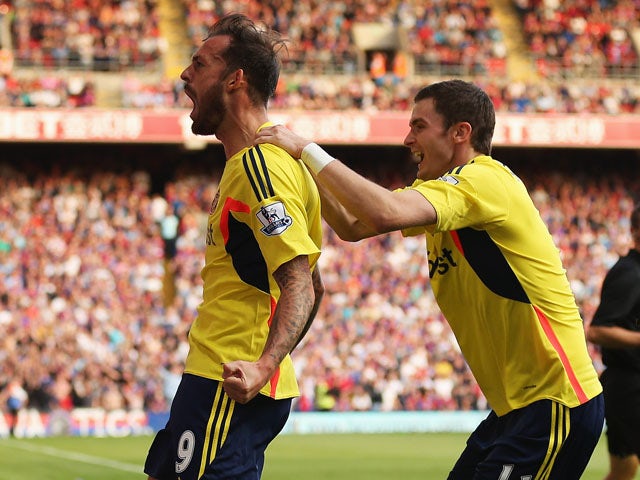 Steven Fletcher of Sunderland celebrates his goal with Adam Johnson during the Barclays Premier League match between Crystal Palace and Sunderland at Selhurst Park on August 31, 2013