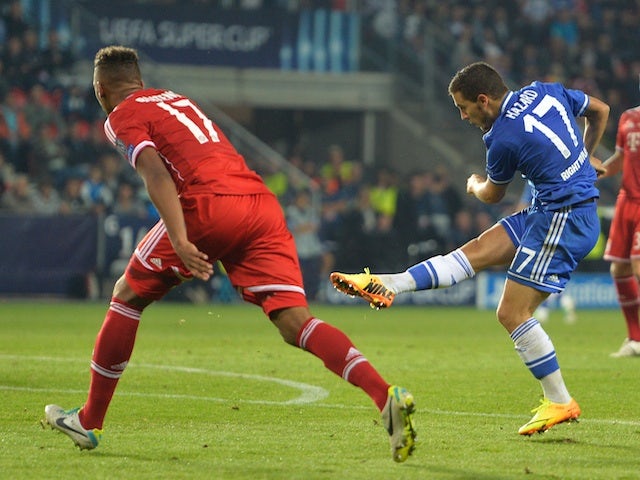 Chelsea's Eden Hazard puts his side 2-1 up against Bayern Munich in the UEFA Super Cup Final on August 30, 2013