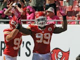 Linebacker Edgar Jones #99 of the Kansas City Chiefs celebrates after returning a fumble 11 yards for a touchdown against the Tampa Bay Buccaneers October 14, 2012
