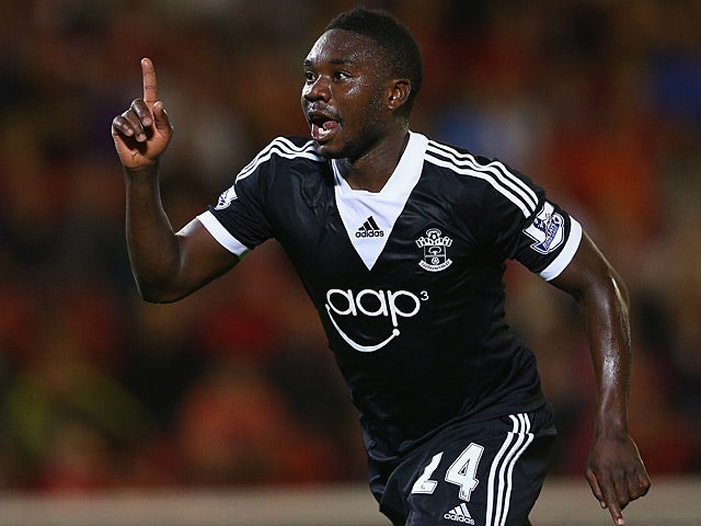 Southampton's Emmanuel Mayuka celebrates after scoring his team's third goal against Barnsley during their League Cup match on August 27, 2013