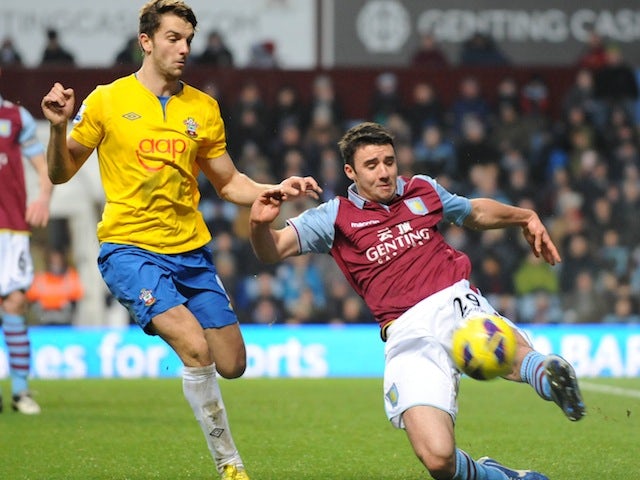 Aston Villa full-back Enda Stevens clears the ball in a Premier League match against Southampton on January 12, 2013