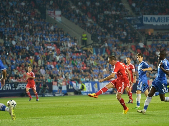 Bayern's Franck Ribery strikes the equaliser against Chelsea on August 30, 2013