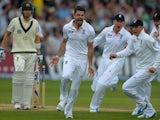 James Anderson celebrates taking the wicket of Michael Clarke.