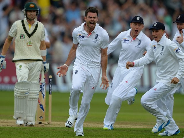 James Anderson celebrates taking the wicket of Michael Clarke.