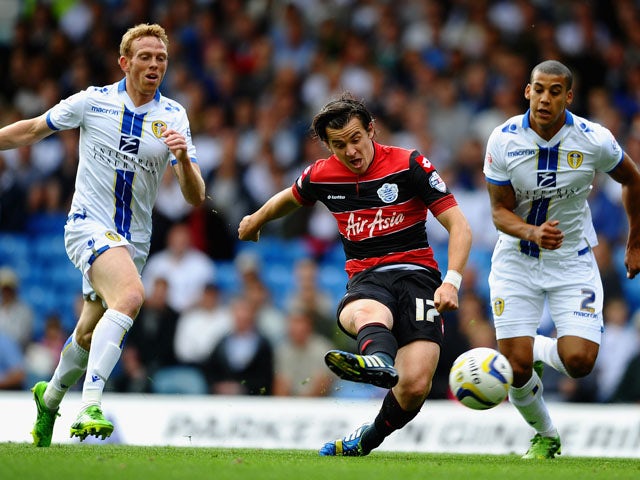 Joey Barton of Queens Park Rangers fires in a shot during the Sky Bet Championship match between Leeds United and Queens Park Rangers at Elland Road on August 31, 2013