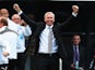 Newcastle United manager Alan Pardew celebrates as his side scores during the Barclays Premier League match between Newcastle United and Fulham at St James' Park on August 31, 2013