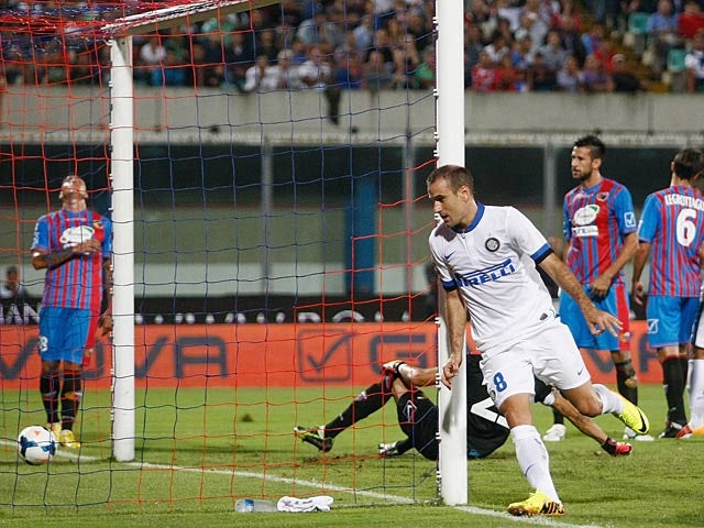 Inter's Rodrigo Palacio celebrates after scoring the opening goal against Catania on September 1, 2013