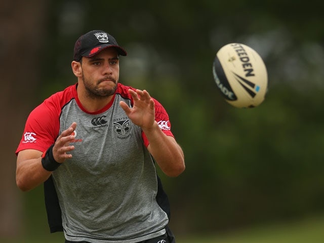 Steve Rapira of the Warriors takes a pass during a Warriors NRL training session at Cornwall Park on December 20, 2012