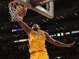 Andrew Bynum #17 of the Los Angeles Lakers dunks the ball in the second quarter while taking on the Oklahoma City Thunder in Game Four of the Western Conference Semifinals in the 2012