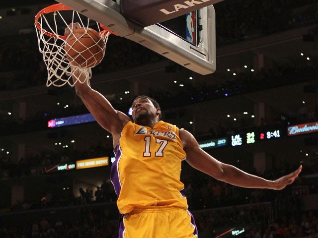 Andrew Bynum #17 of the Los Angeles Lakers dunks the ball in the second quarter while taking on the Oklahoma City Thunder in Game Four of the Western Conference Semifinals in the 2012