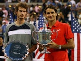 Andy Murray and Roger Federer pose with their trophies after the men's 2008 US Open final.