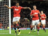 Bebe celebrates scoring his first Manchester United goal against Wolverhampton Wanderers.