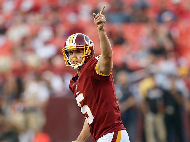 Washington Redskins' Billy Cundiff celebrates his first quarter field goal against Tampa Bay Buccaneers on August 29, 2012