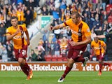 James Hanson of Bradford celebrates his goal during the Sky Bet League One match between Bradford City and Brentford at the Coral Windows Stadium on September 7, 2013