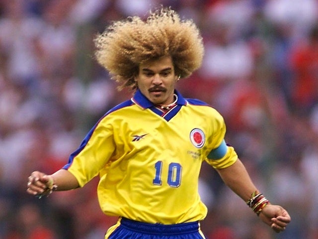 Colombian captain Carlos Valderrama controls the ball during the World Cup match against England on June 26, 1998