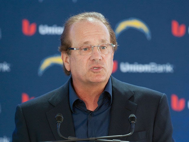 San Diego Chargers Dean Spanos speaks about LaDainian Tomlinson at the announcement of his retirement from professional football, after signing a one-day contract with the San Diego Chargers and being immediately released by the club, on June 18, 2012