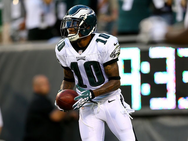 DeSean Jackson #10 of the Philadelphia Eagles celebrates his touchdown in the second half against the New England Patriots on August 9, 2013