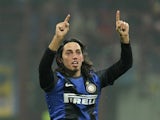 Ezequiel Schelotto celebrates scoring a goal for Inter Milan against rivals AC Milan at the San Siro on February, 24 2013.