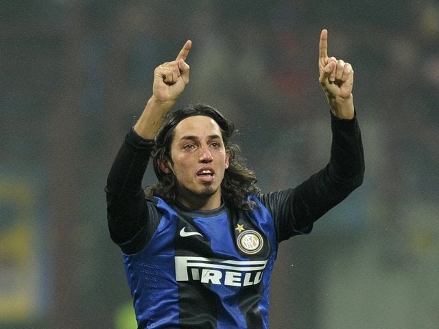 Ezequiel Schelotto celebrates scoring a goal for Inter Milan against rivals AC Milan at the San Siro on February, 24 2013.