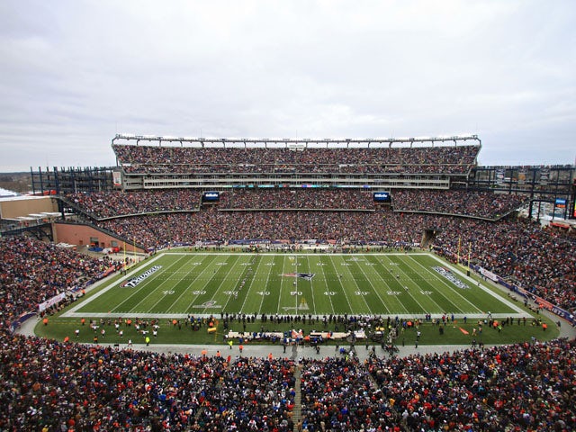 The New England Patriots kick off to the Baltimore Ravens to start their AFC Championship Game at Gillette Stadium on January 22, 2012